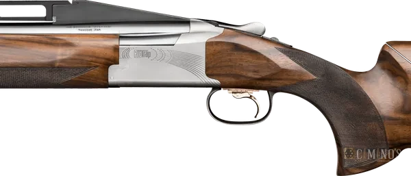 B725 Pro Trap Adjustable High Rib: close da báscula, gatilho e punho, lado direito