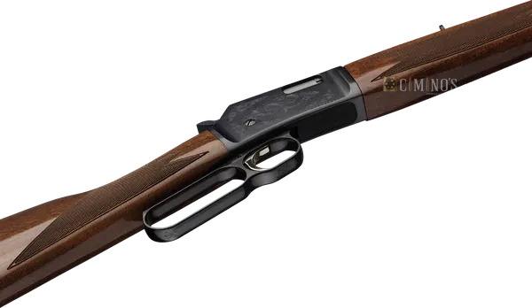 BL-22 Grade II: close do receptor gravado e gatilho dourado, em ângulo
