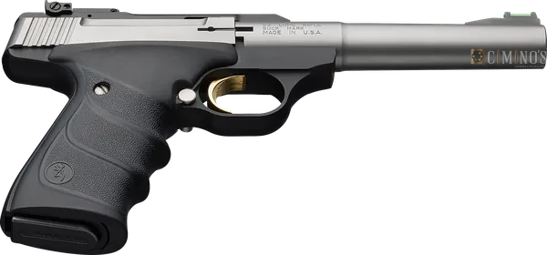 Buck Mark Camper: pistola inteira, lado direito, empunhadura e carregador em evidência
