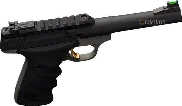 Buck Mark Plus Practical URX: close em 3/4, lado direito: trilho Picatinny, alça de mira e talas